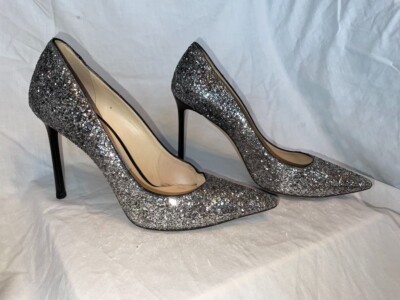 37 Jimmy Choo Romy Pointy Toe Black/White Glitter Pumps 100mm