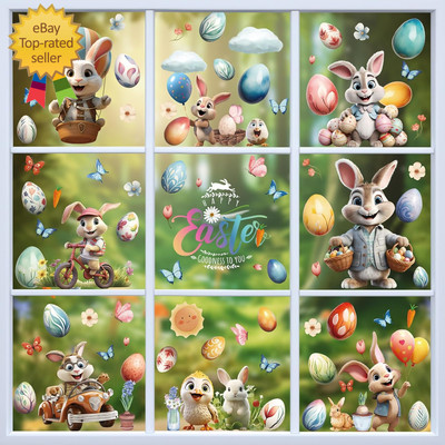 87 PCS Easter Window Clings, 9 Sheets Easter Egg Window Clings Easter Stickers f