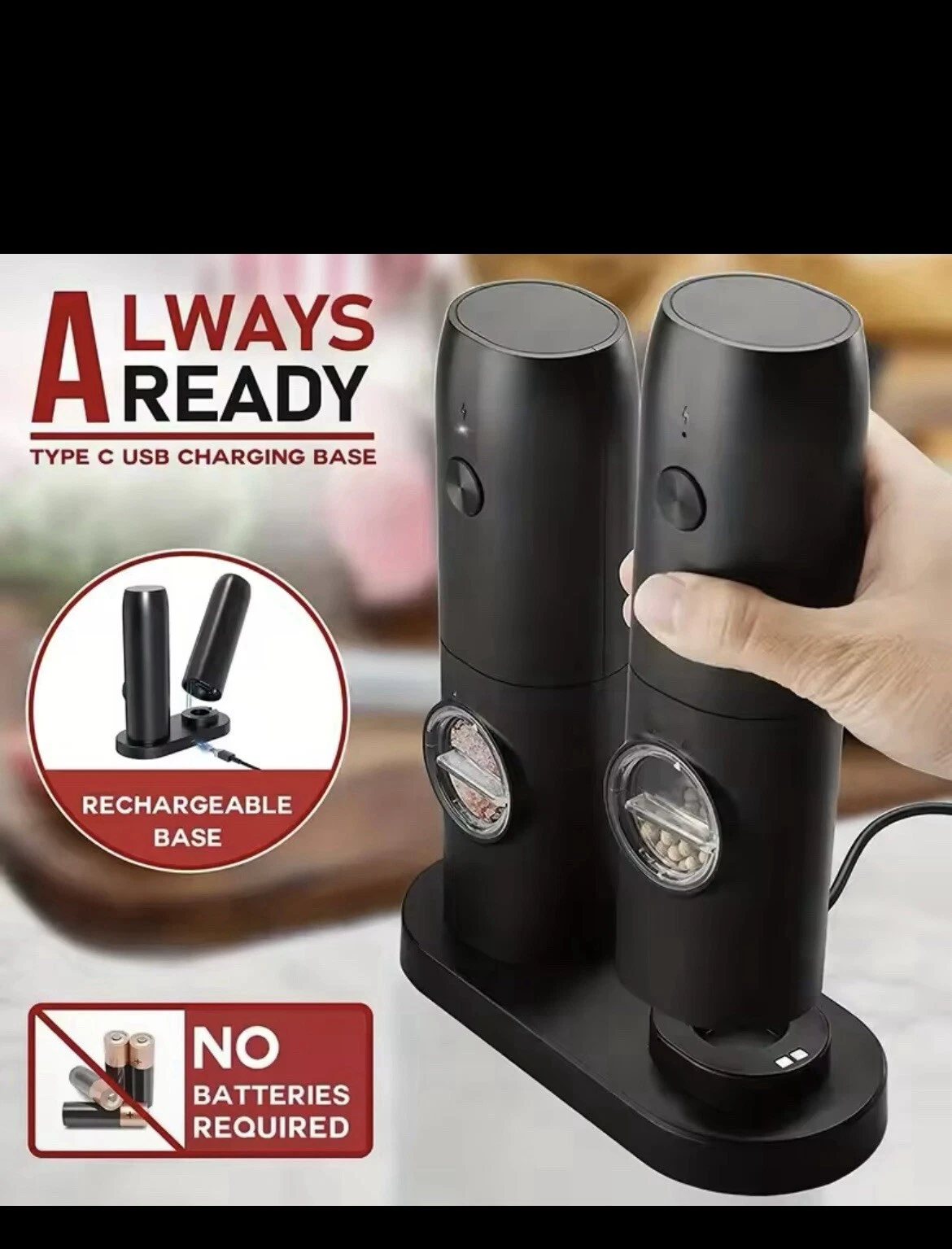 USB Rechargeable Electric Salt and Pepper Grinder Adjustable Coarseness NEW