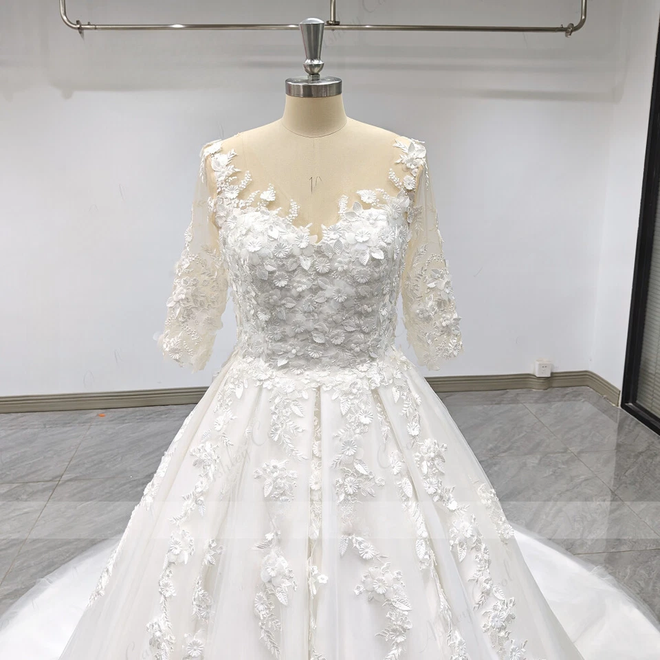 A-Line Wedding Dresses Long Sleeve Princess 3D Beading Flowers Bridal Gown - Image 3 of 4