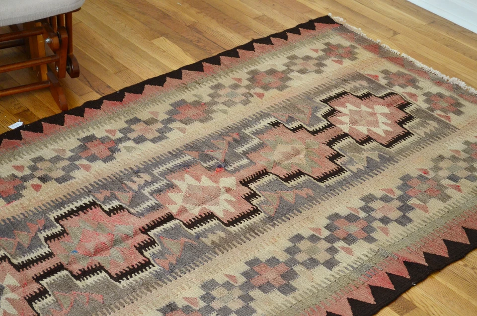 Alfombra geométrica Kilim Runner de lana tradicional hecha a mano oriental vintage 4x10 Foto 4 de 4