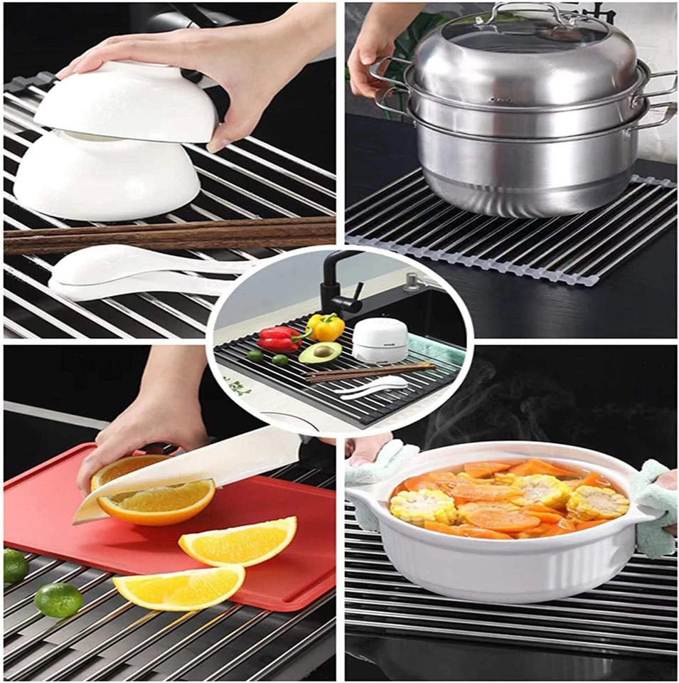 Scolapiatti Avvolgibile Per Lavello Pieghevole Da Appoggio Salvaspazio Piatti - Immagine 3 di 4