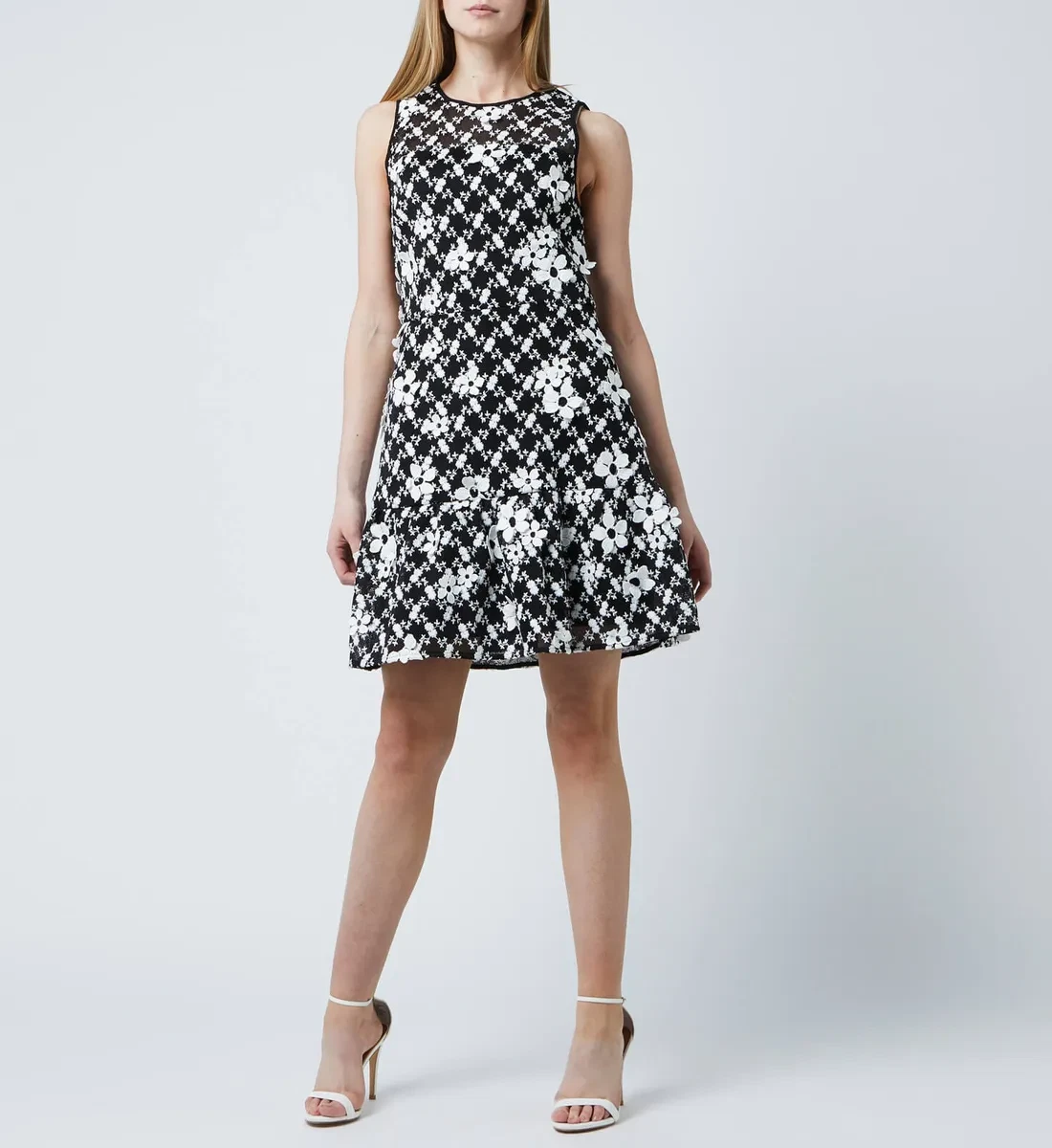 Abito donna Michael Kors ricamato taglia 4 applicazioni floreali svasato senza maniche