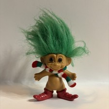Vintage 3" Russ Christmas Troll w/Scarf, Green Hair, Red Elf Shoes