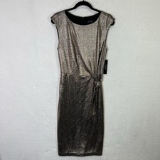 Tahari ASL Metallic Foil Dress Women’s 12 Bronze Black Side Tie Cocktail NWT