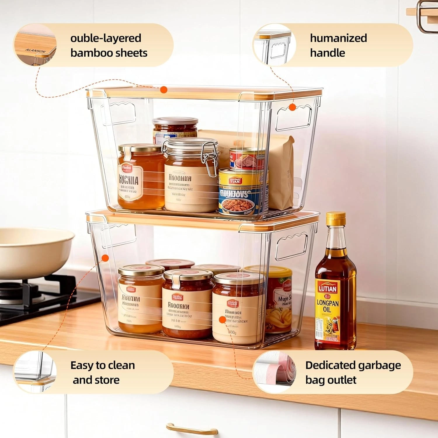 4 Pack Storage Bins with Bamboo Lid Garbage Bag Dispenser Kitchen Organizer
Opens in a new window or