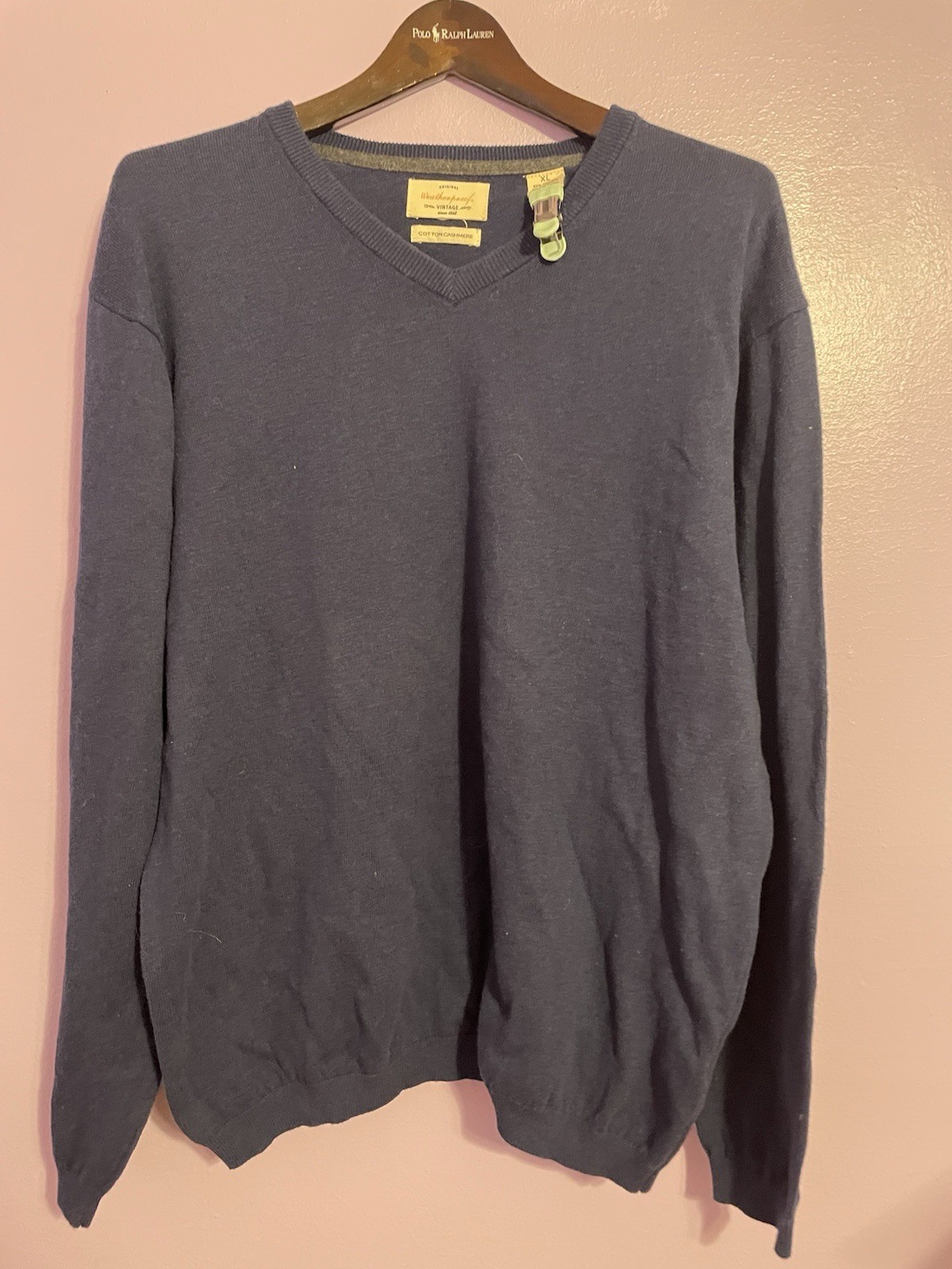 Weatherproof Vintage Men's XL Navy Blue Pullover Sweater Cotton Cashmere V Neck