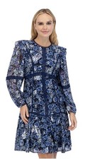 Eliza J Women's Blue Printed Balloon-Sleeve Tiered Mini Dress Size 4 Flirty NWT!