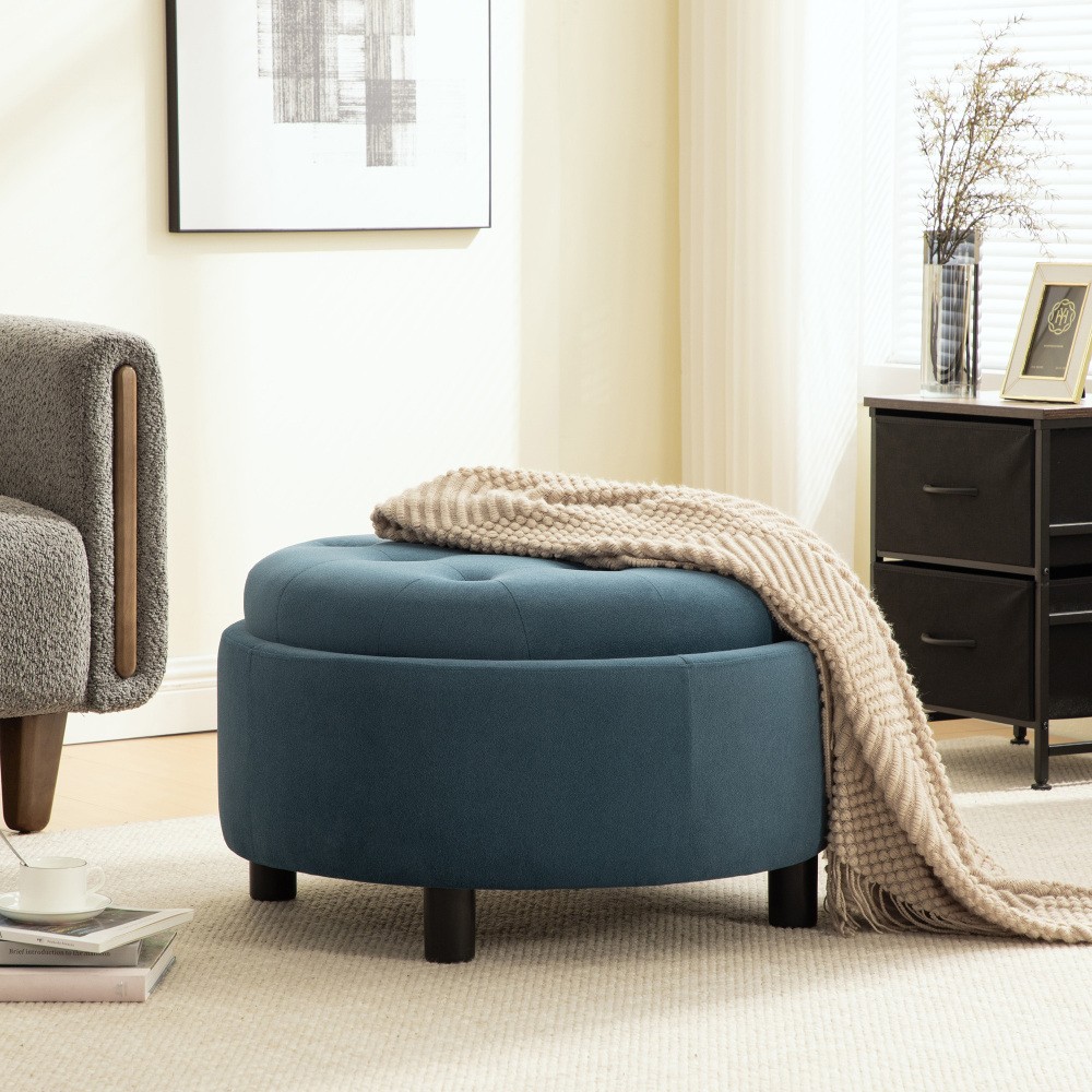 29.33inUpholstered Round Ottoman With Reversible Lid Fleece Fabric Storage Stool