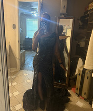 Black Sequin One Shoulder Formal Gown with Side Slit, Sleeveless, Long Dress
