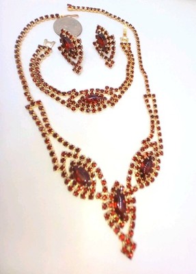 Vtg Parure Ruby Red Rhinestone Necklace Bracelet Earrings Dominique Style Bib