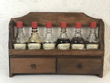 VINTAGE WOOD SPICE RACK WAGNER BOTTLES EMPTY W/ DRAWERS SMALLISH CUTE