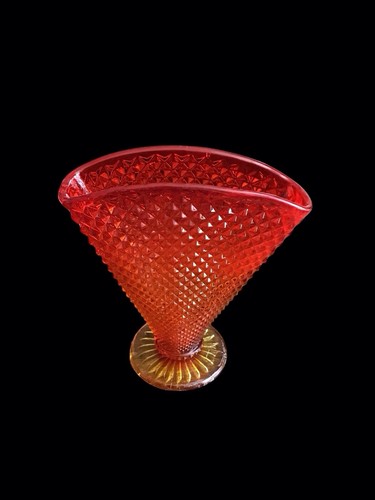 Vintage Amberina Glass Diamond Point Fan Vase Orange Yellow Mid-Century Modern - Picture 2 of 12
