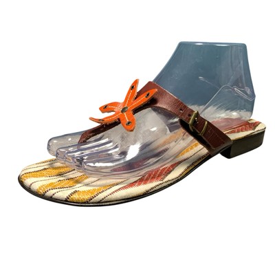 Treemme Sz 8.5 Women's T Strap Leather Block Brown Orange Flower Low Block Italy