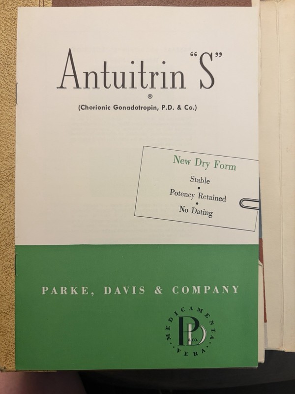 Parke, Davis & Co. Antuitrin "S" Chorionic Gonadotropin Booklet/Insert 1942
