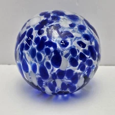 Art Glass Friendship Ball Orb Globe Sphere 4" Polka Dot Confetti Blue White 