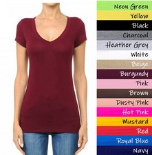 Ambiance V-Neck Short Sleeve T Shirt Basic Plain Solid Top Stretchy Cotton Tee