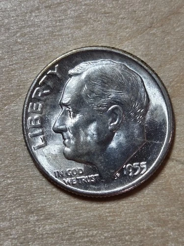 USA 10-cents "Dime" coin, 1955 S. KM# 195, .900 silver. Franklin Roosevelt. UNC.