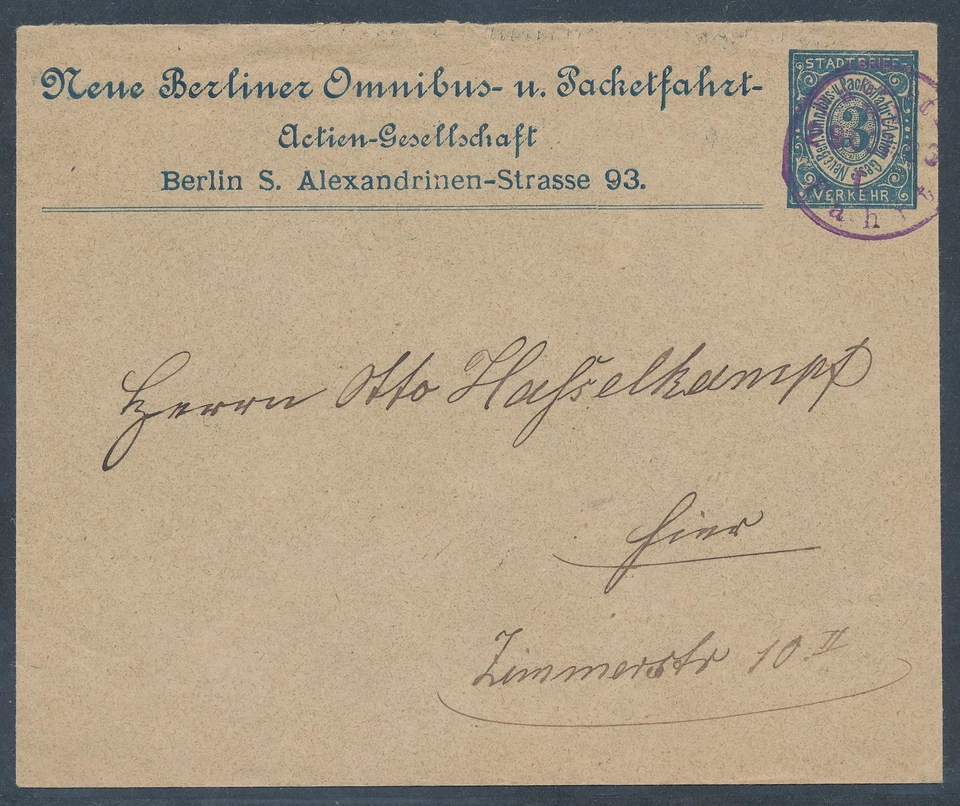 Privatpost, 3 Pf. Blau  Ganzsache-Brief Berliner Packetfahrt gelaufen. - Bild 1 von 1