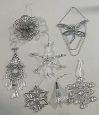 Lot Of 7 Silver Acrylic Assorted Shapes Glam Large Christmas Ornaments