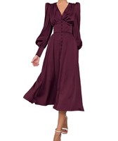 Satin Maxikleid Damen Elegant V-Ausschnitt PuffäRmel Vintage Bordeaux Xs