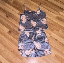 Satin Floral Cami Pajama Set Gray Pink Lightweight Women's Size L