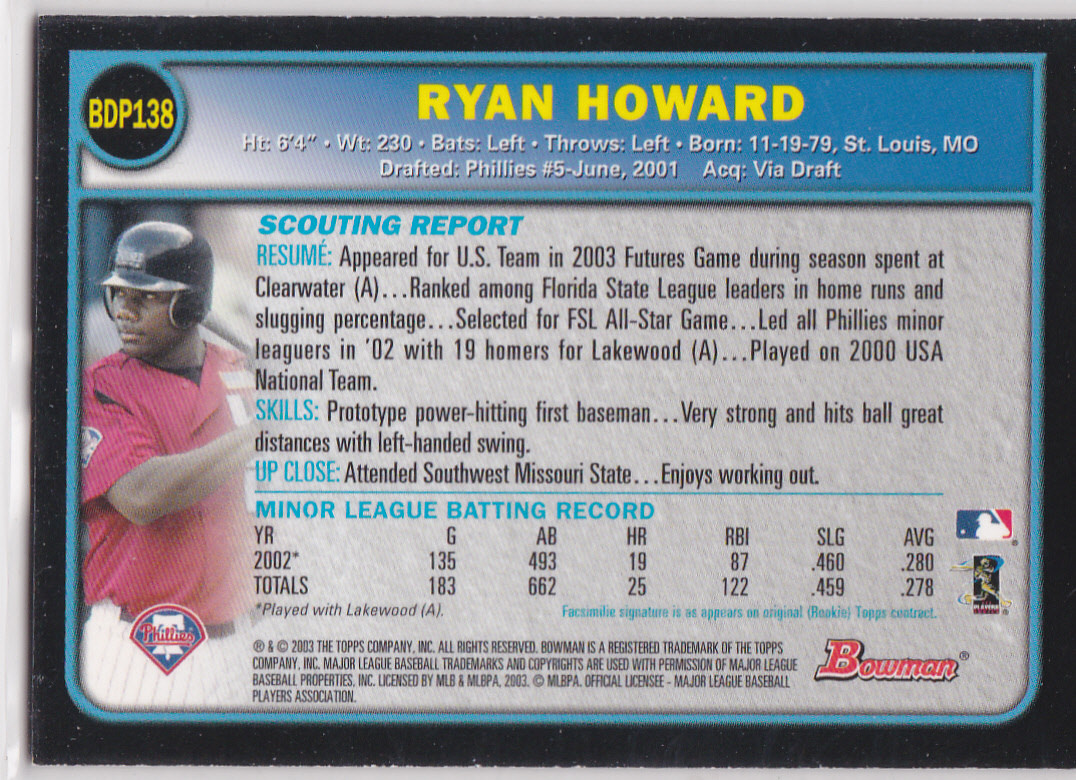 Ryan Howard Rookie RYAN HOWARD 2003 Bowman GOLD ROOKIE CARD Philadlphia Phillies Baseball ...