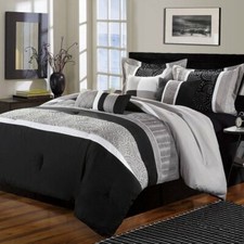 Queen King Size Bed White Black Gray Grey Striped Geo 8 pc Comforter Set Bedding