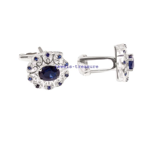 Natural Blue Sapphire Gemstones with 925 Sterling silver Cufflinks for Men's #30 - Picture 3 of 5