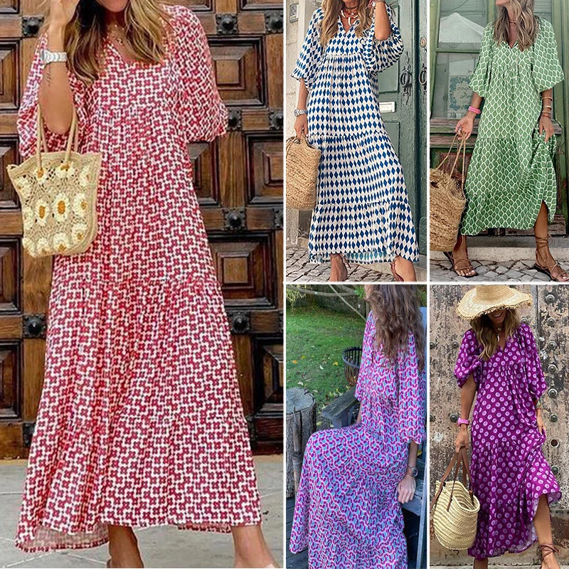 OKSakady Abito Lungo Estivo Kaftano Donna – Tunica A Maniche 3/4 Con Stampa Floreale, Morbido In Cotone Artificiale – Maxi Abito Da Spiaggia E Tempo Libero, Taglia Unica