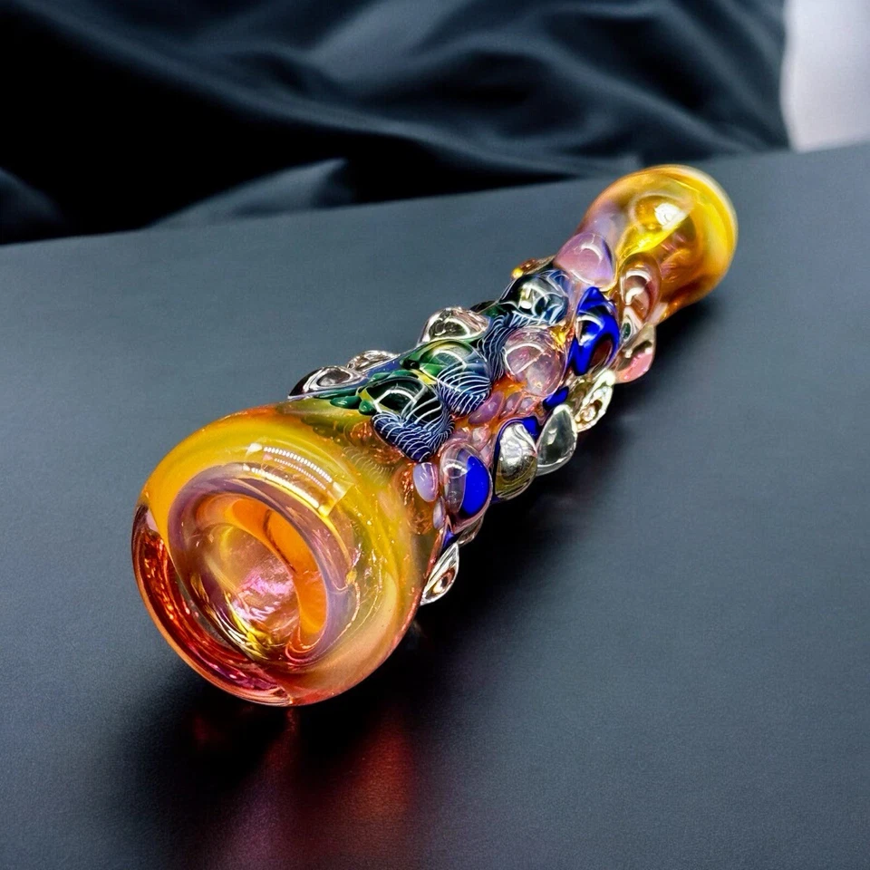 Gold Fumed Hand Blown Glass Chillum Pipe – USA Made, Colorful Dot Work, 3.5” - Image 2 of 4