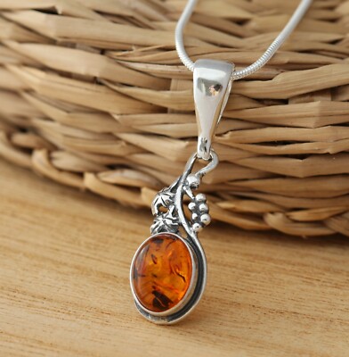 Cognac Baltischer Bernstein 925 Sterling Silber Stilvoll Anhänger Kette Halskette Geschenkbox