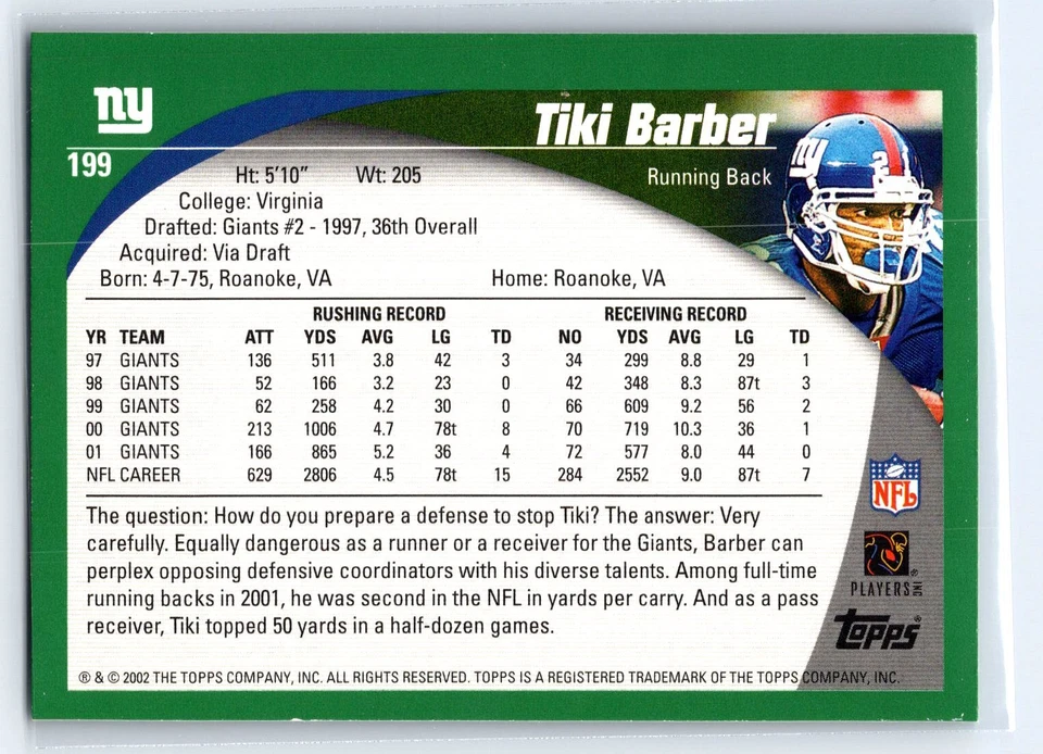 2002 Topps #199 Tiki Barber  New York Giants - Image 2 of 2