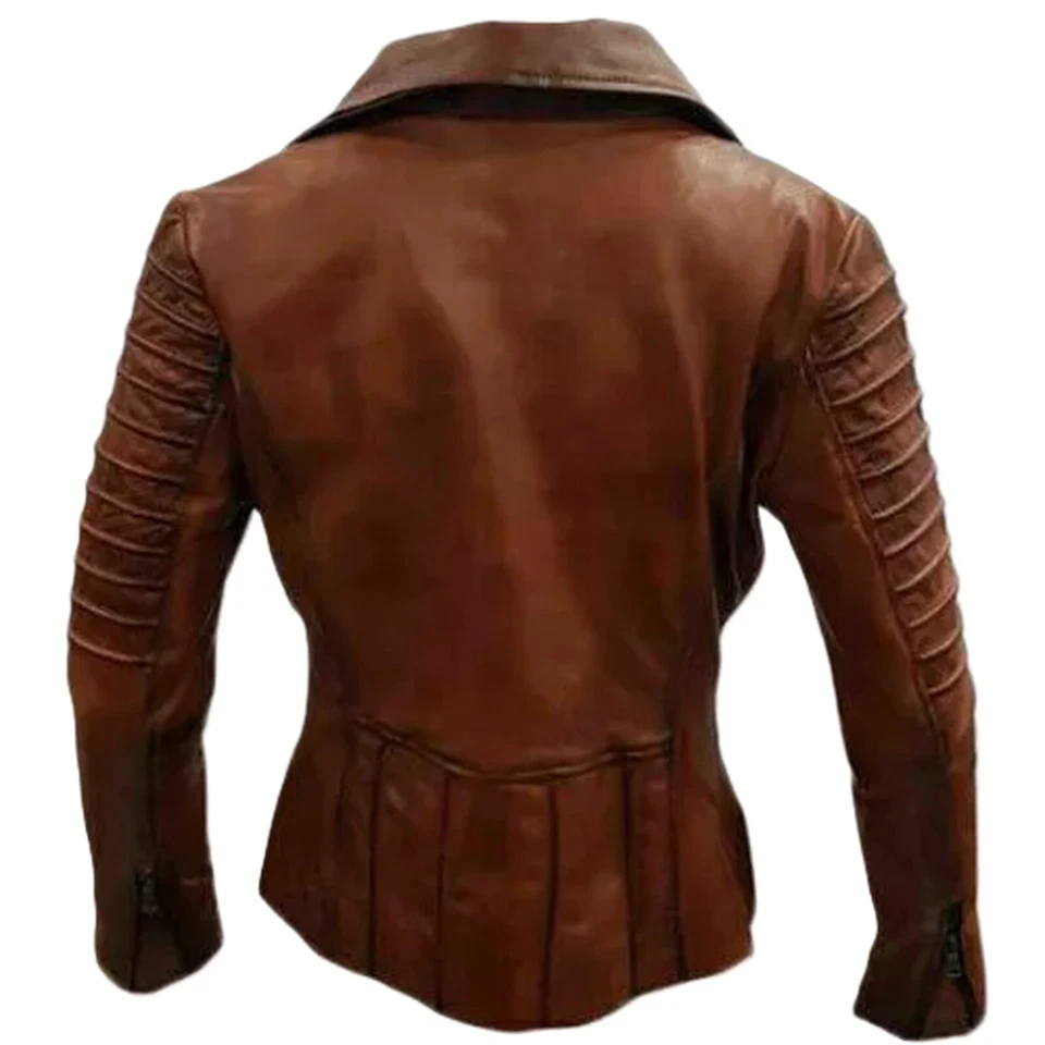 Chaqueta vintage de cuero marrón de piel de cordero para mujer motociclista club fiesta Foto 2 de 4