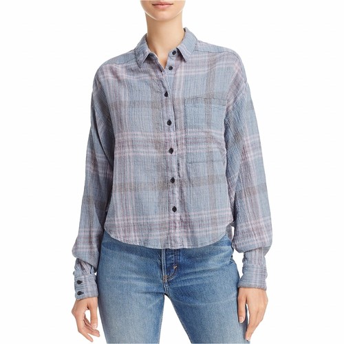 Camisa Free People Cutie Cuadros Mujer Talla XS Gris Botón Cuello Frontal Camisa - Imagen 3 de 10