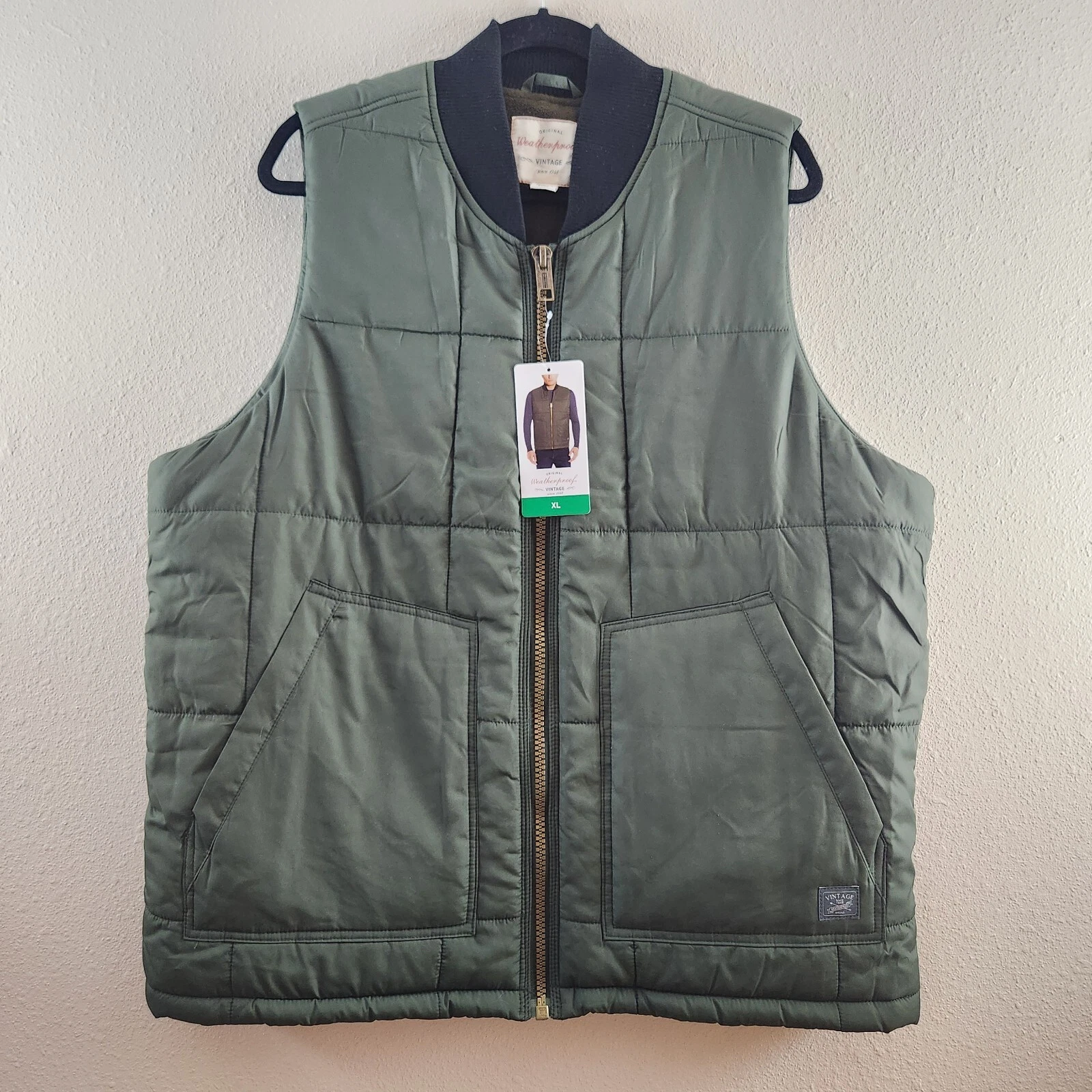 Weatherproof Vintage Mens XL Green Quilted Puffer Vest Fleece Lined Jumbo Zipper