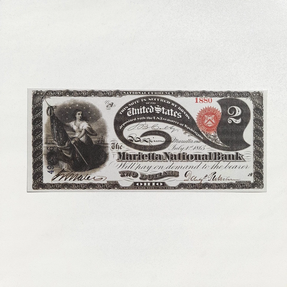 2 Dollars 1865 US Marietta National Currency Reproduction Banknote Fr US# 387 - Image 3 of 4