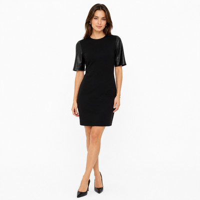 Vince Pencil Dress Size 4 Leather Sleeve Black Sheath Minimalist Modern Classic