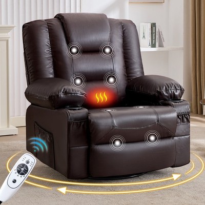 Rocker Recliner Chair w/Massage &Heat 360°Swivel oversize chair Cup Holders USB