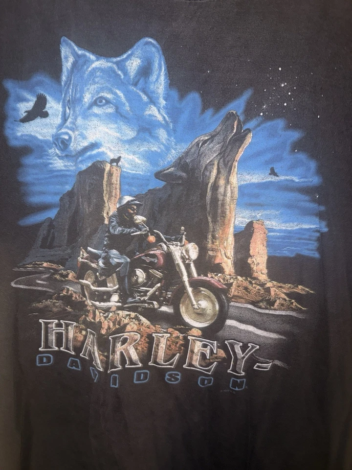 Vintage 90s Harley Davidson Wolf Western T Shirt Sz L Distressed - Image 2 of 4
