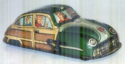 Vintage Marx Toys Tin Litho Wind Up Green Woody Station Wagon 1952