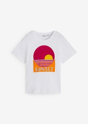 Neu T-Shirt aus reiner Bio-Baumwolle Gr. 40/42 Weiß Bedruckt Basic Kurzarmshirt