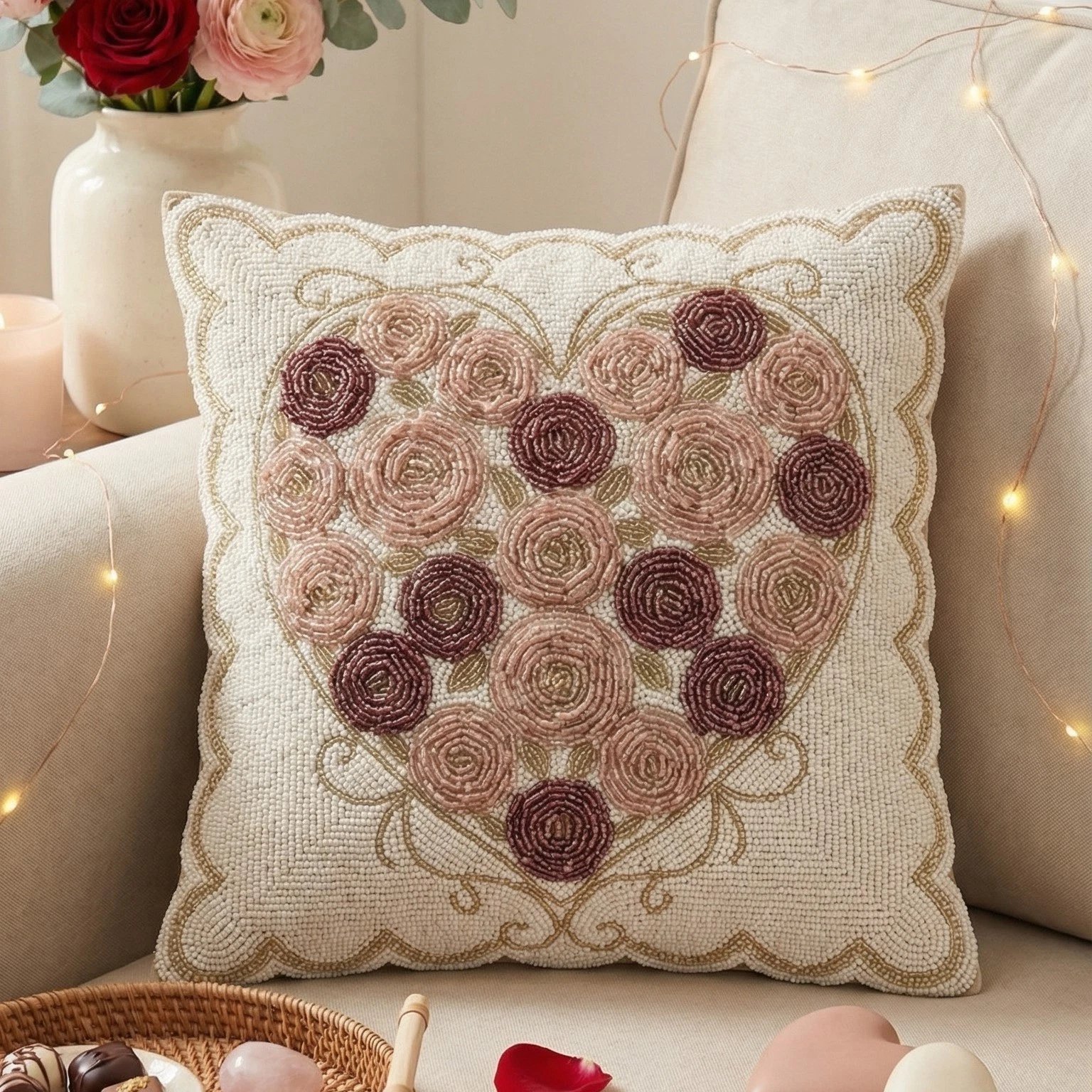 Handmade Beaded Rose Heart Throw Pillow Cover 16x16 18x18 20x20 Inches - Floral
Opens in a new windo