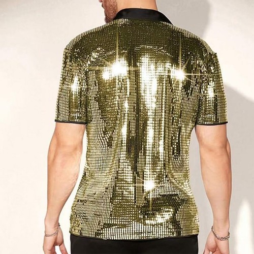 Men's Shiny Disco Shirt with Sequin Detail Short Sleeve Black Gold Purple - Picture 7 of 23