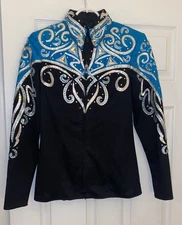 Girls Hand Made Equestrian Western Show Jacket  Blue Black Horse  Showmanship