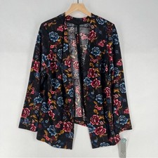 Massini Dark Floral Print Stretch Crepe Knit Draped Open Front Blazer Jacket