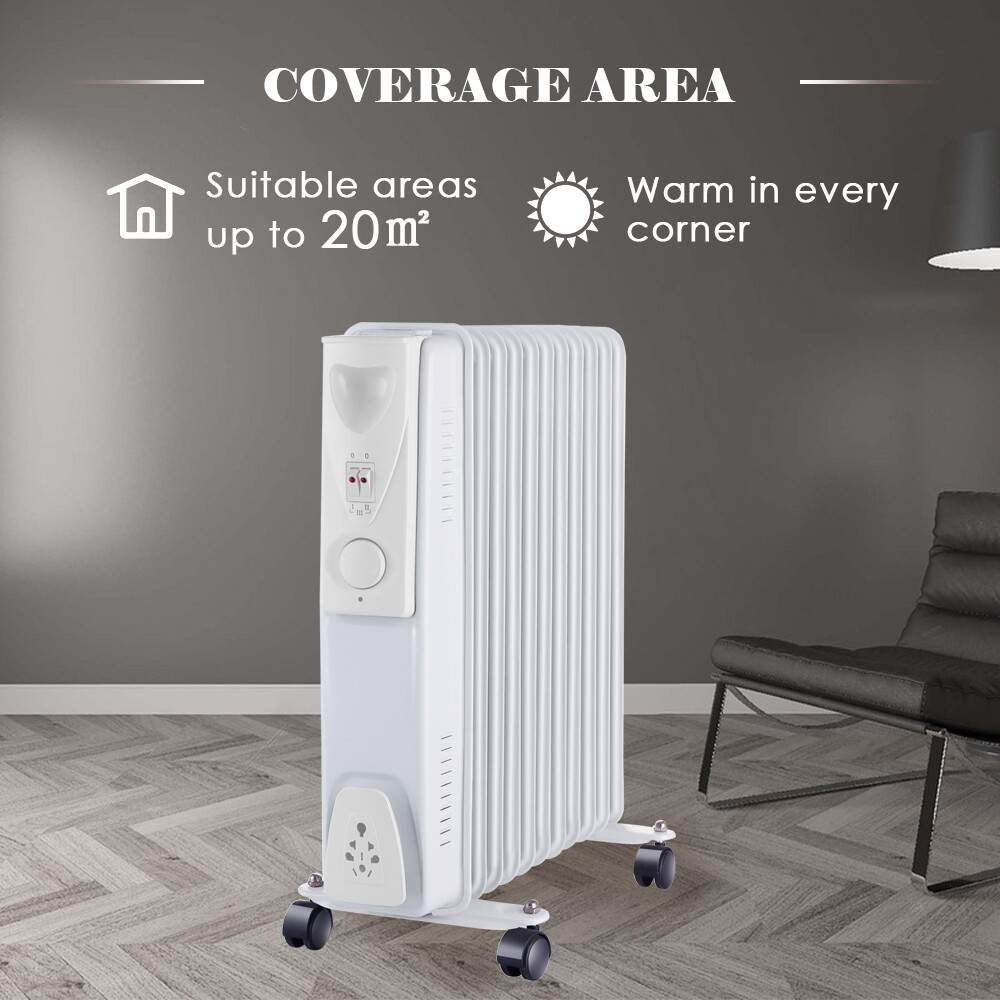Electric Oil Filled Radiator 11 Fin 2500W Portable Heater Thermostat White