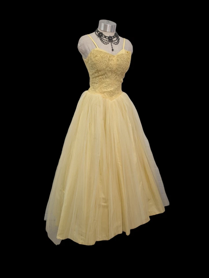 Vtg 50s Prom Dress XXS Yellow Lace Tulle Shelf Bust Strappy Long Floor Length - Image 2 of 4