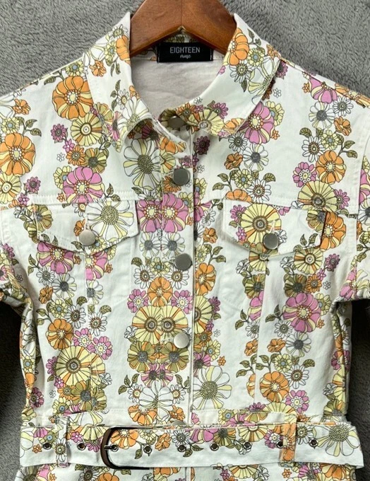 Eighteen MUSE Womens Denim Floral Mini Dress Groovy Mod Boho Belted Size Small - Image 2 of 4