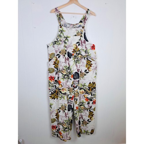 Floral Print Cropped Overalls Jumpsuit Pockets Button Accents Casual XL Cotton